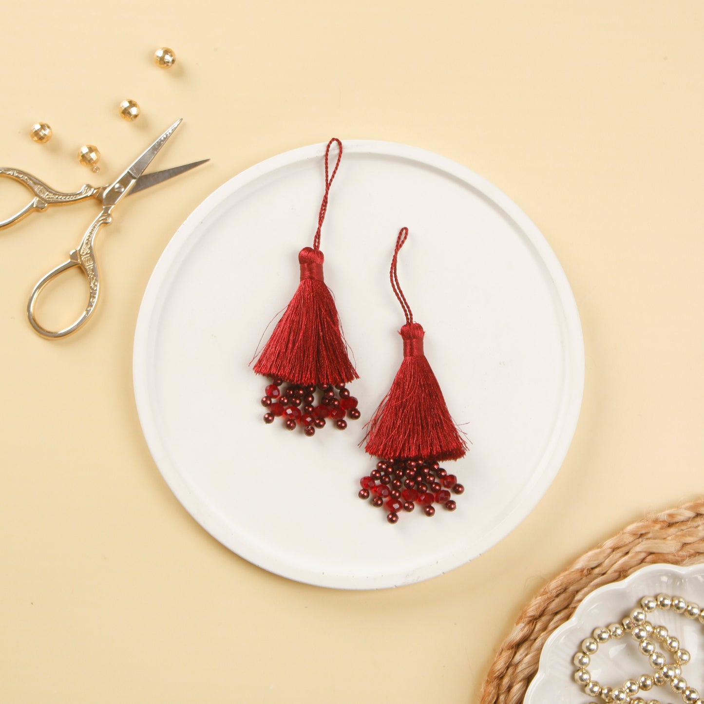 Set of 6- Crimson Red Beaded Silky Tassels