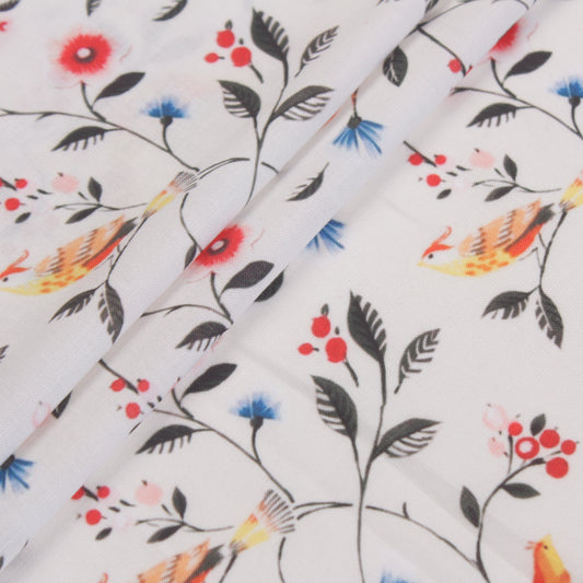 White Bird Print Cotton Linen Fabric (1 Mtr)