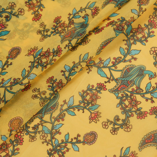 Yellow Kalamkari Print Organza Fabric (1 Mtr)