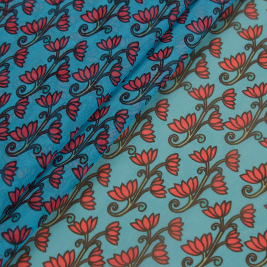 Blue and Pink Kalamkari Print Organza Fabric (1 Mtr)