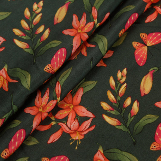 Green Floral Modal Satin Fabric (1 Mtr)