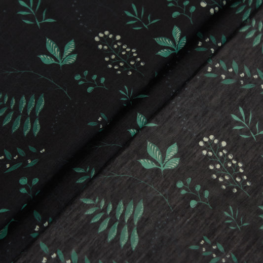 Black Leaf Print Muslin Silk Fabric (1 Mtr)