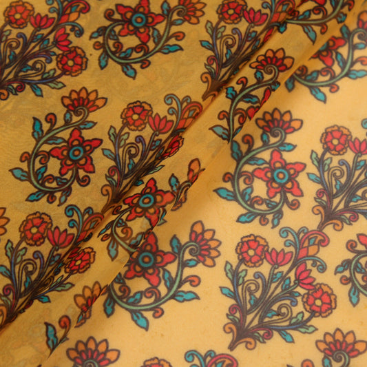 Mustard Yellow Kalamkari Print Organza Fabric (1 Mtr)