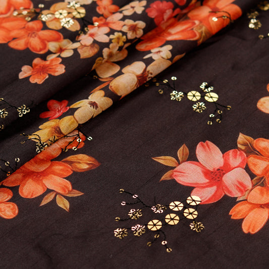 Black Embroidered Cotton Silk Fabric with Sequins (1 Mtr)