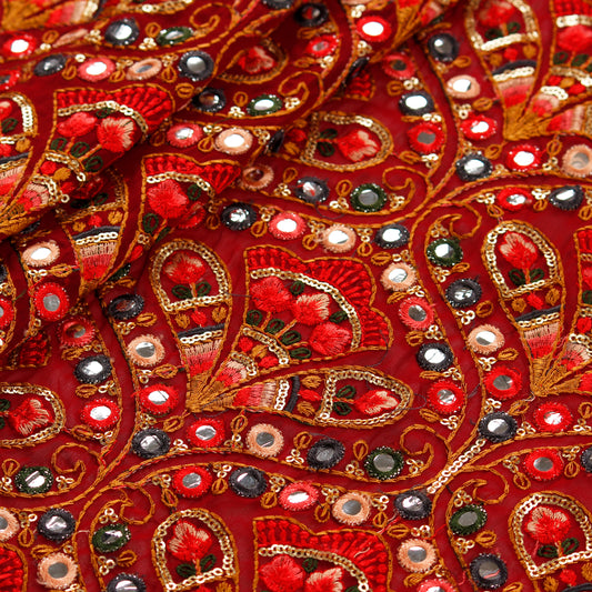 Red Embroidered Georgette Sequin Fabric (1 Mtr)