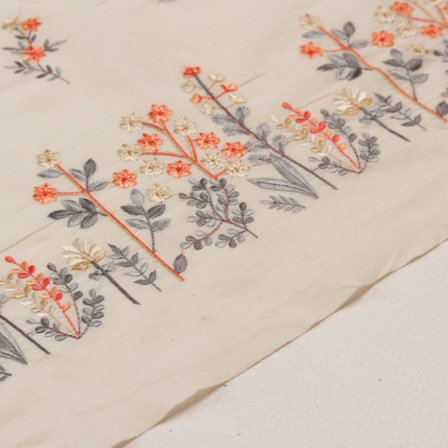 Cream Embroidered Cotton Fabric (1 Mtr)