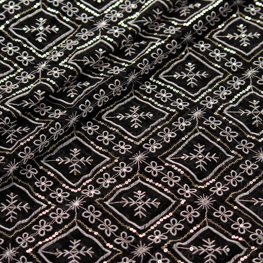 Black and White Embroidered Georgette Fabric (1 Mtr)