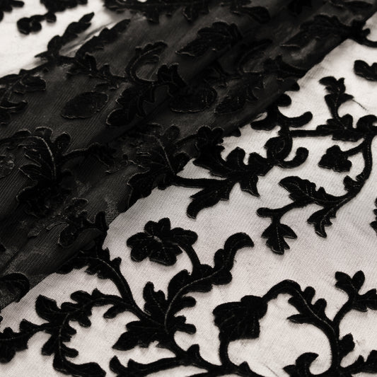 Black Net Fabric with Velvet Applique Work (1 Mtr)