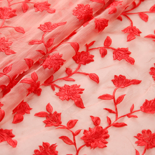 Coral Embroidered Organza Fabric (1 Mtr)