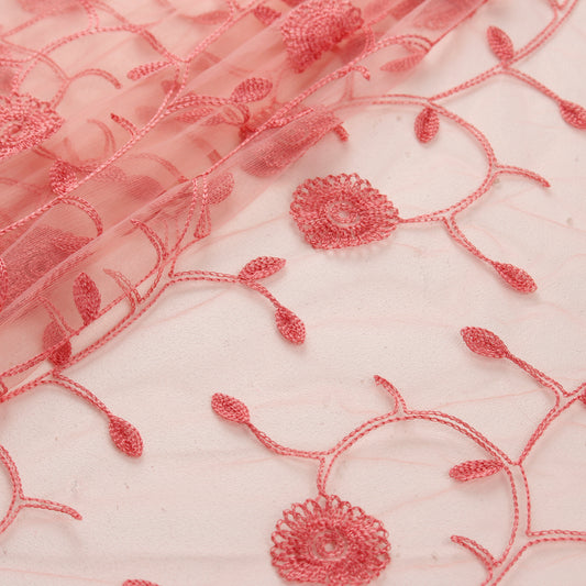 Pink Net Fabric with Floral Embroidery (1 Mtr)