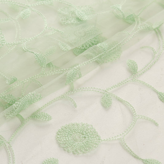 Green Net Fabric with Floral Embroidery (1 Mtr)