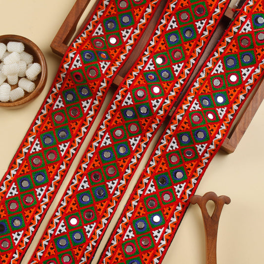 Red Embroidered Mirror Work Kutchi Trim (8 Mtrs)