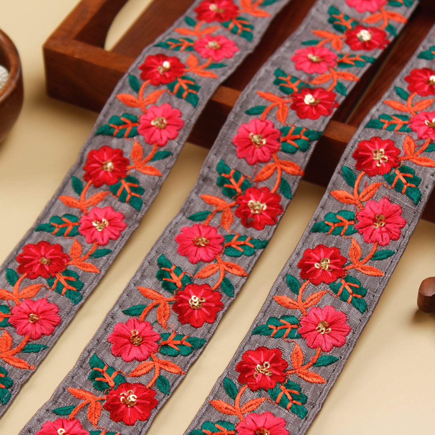 Grey Floral Embroidered Trim (3 Mtrs)