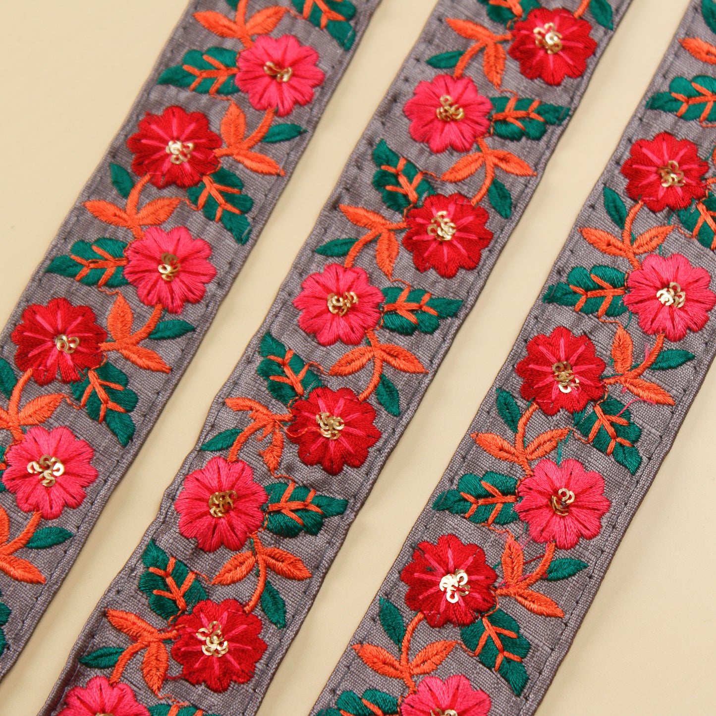 Grey Floral Embroidered Trim (3 Mtrs)