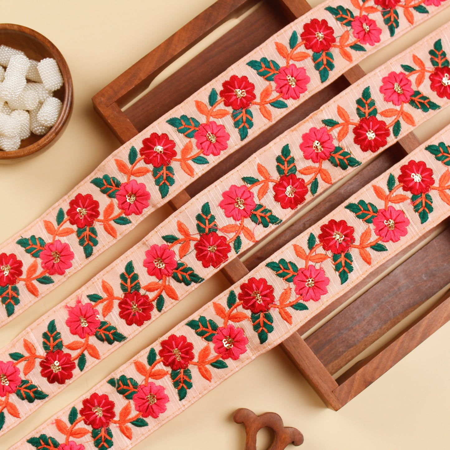 Salmon Pink Floral Embroidered Trim (3 Mtrs)