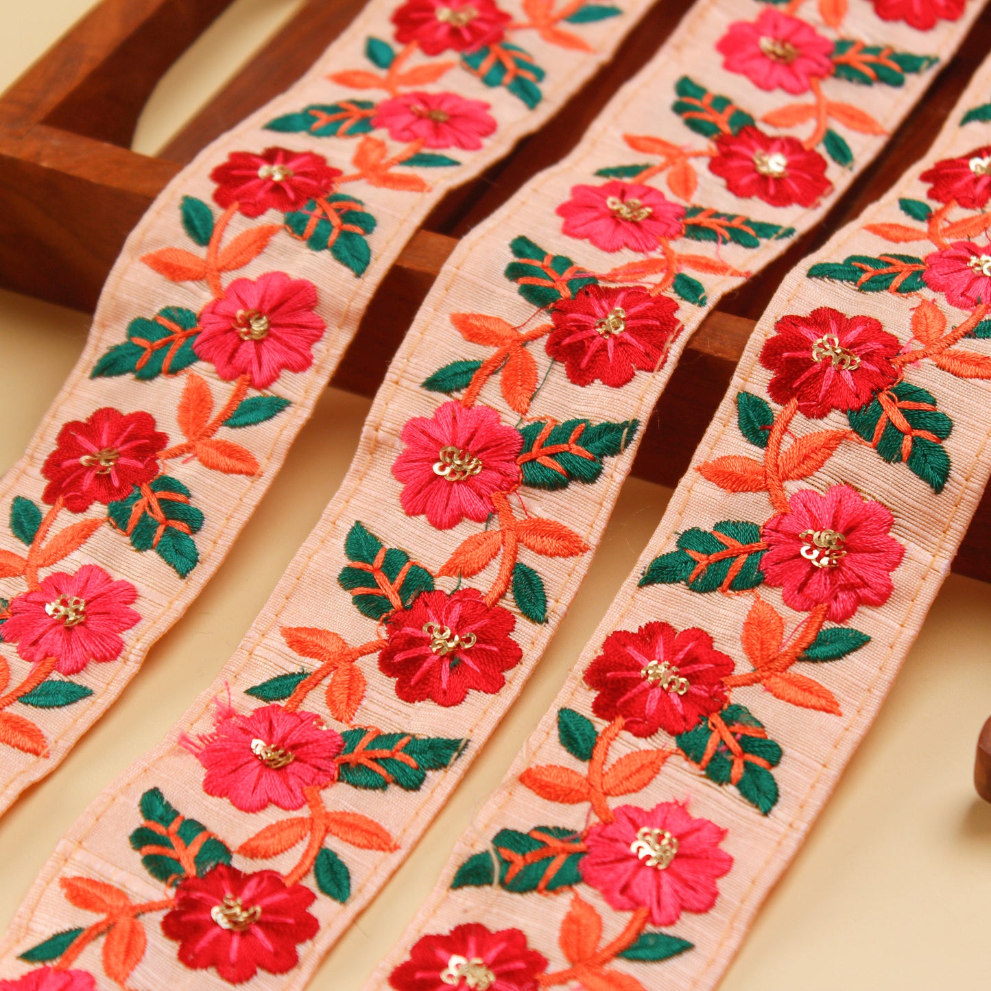 Salmon Pink Floral Embroidered Trim (3 Mtrs)