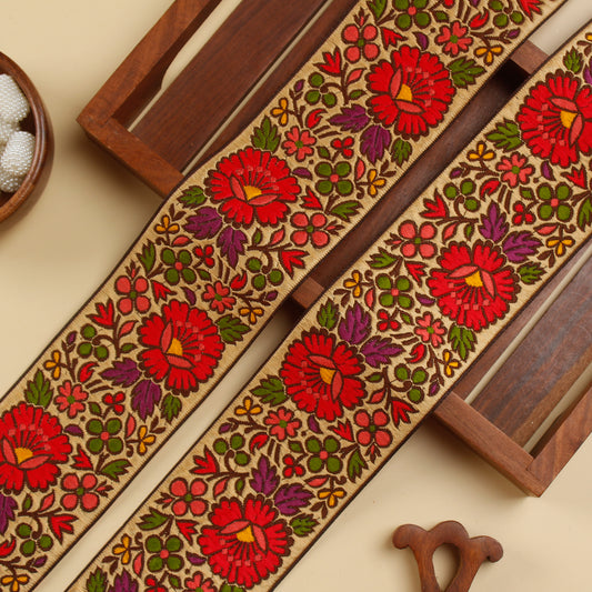 Beige and Red Floral Jacquard Trim (9 Mtr)