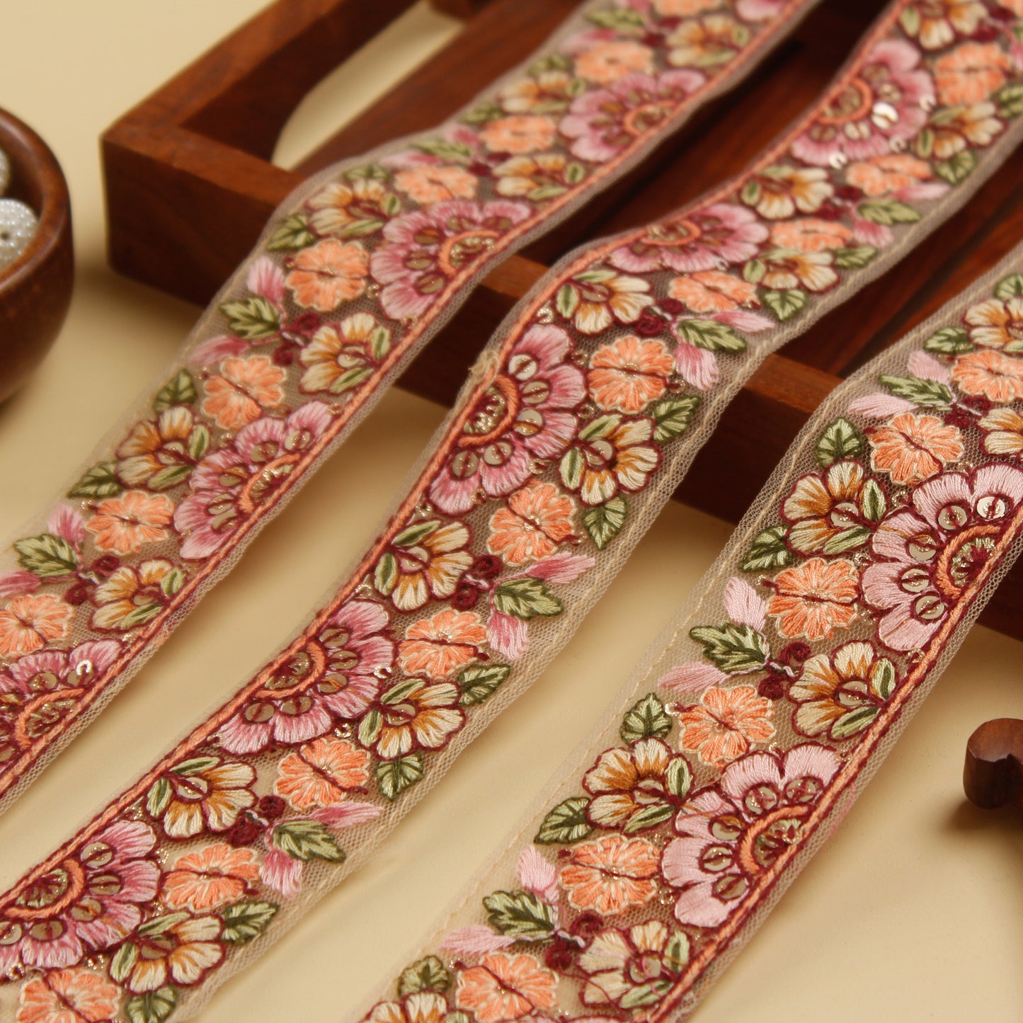 Beige Floral Embroidered Trim (3 Mtrs)