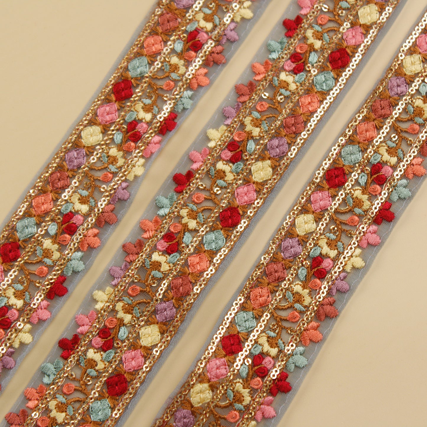 Grey Floral Embroidered Trim (3 Mtrs)