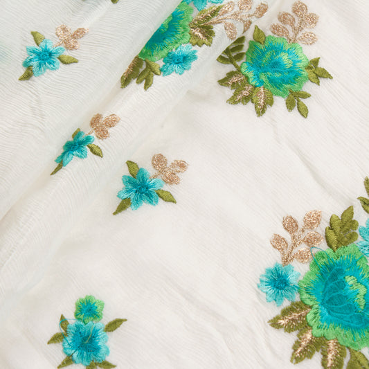 Off-White Floral Embroidered Chiffon Fabric (1 Mtr)