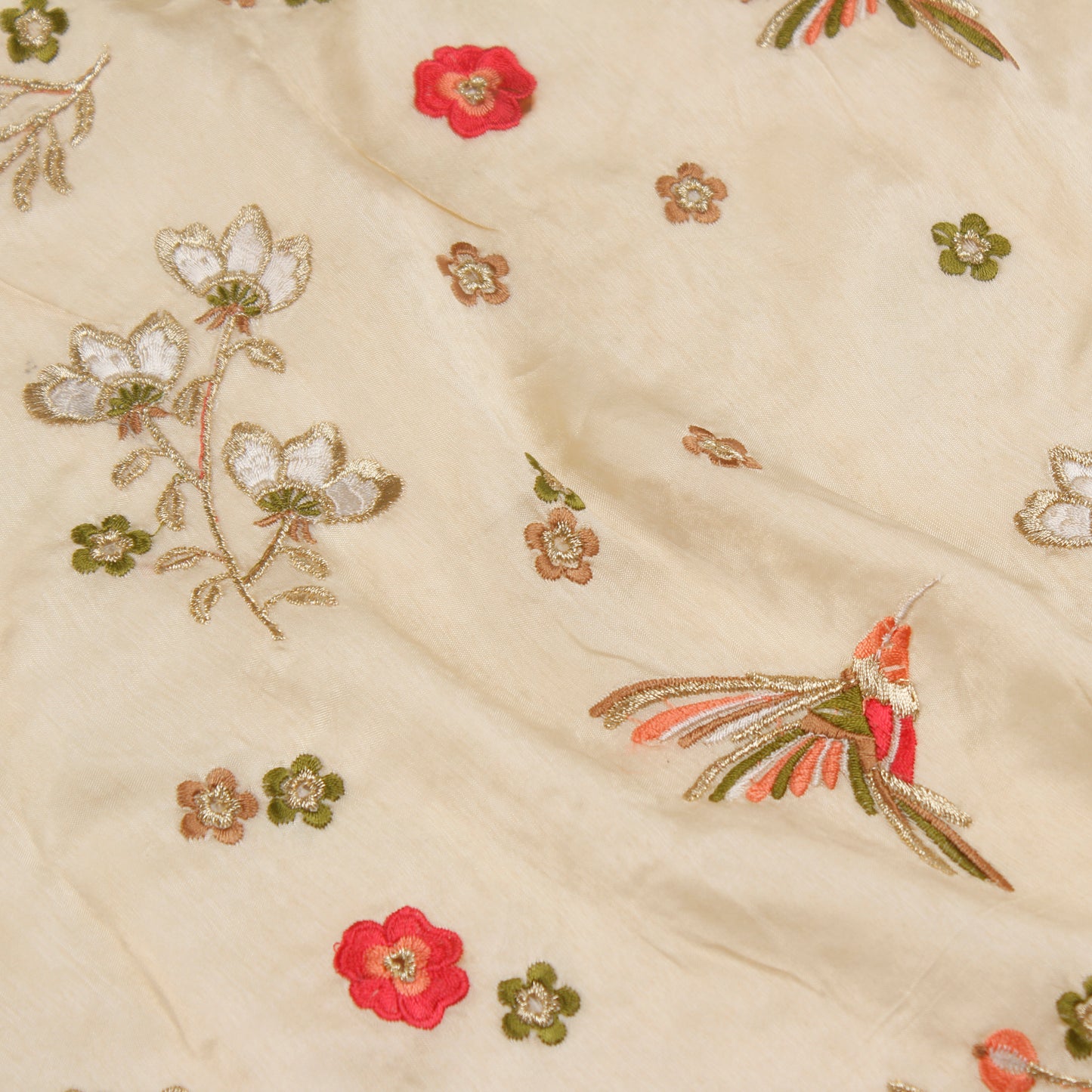 Cream Embroidered Cotton Silk Fabric (1 Mtr)