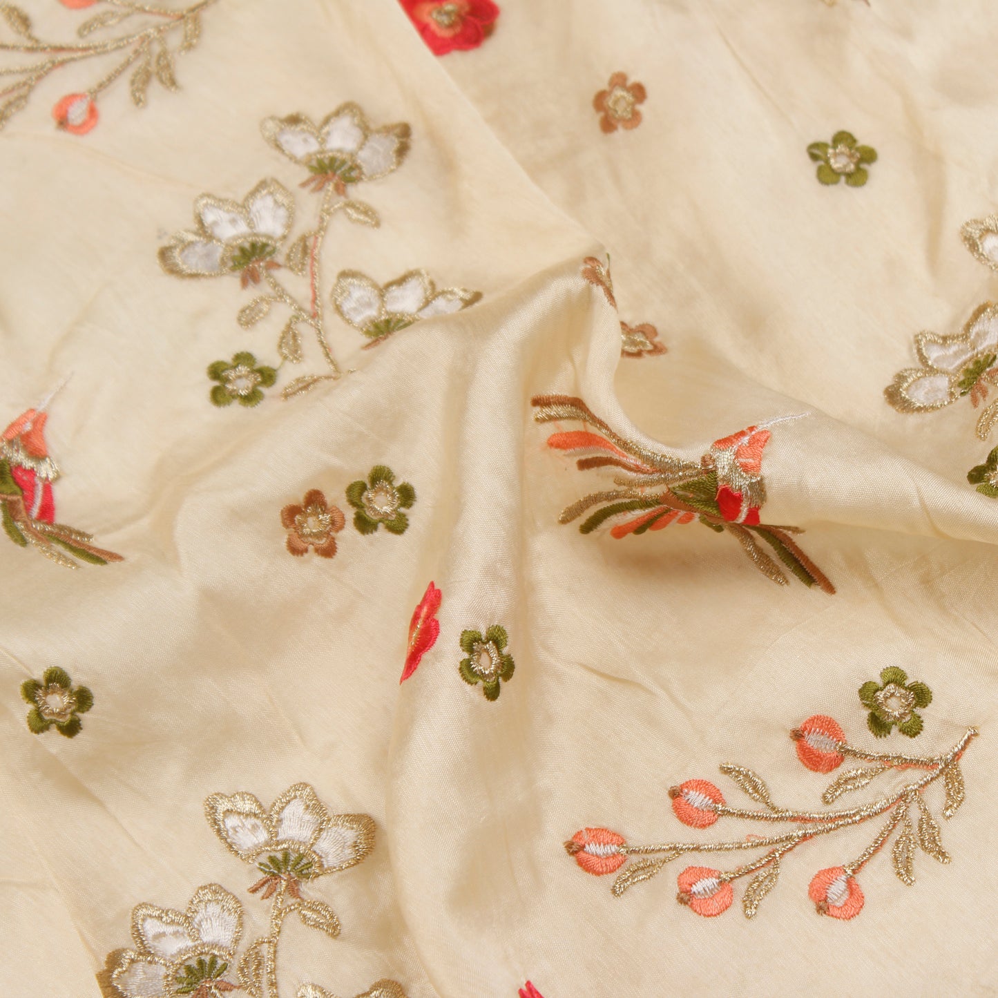 Cream Embroidered Cotton Silk Fabric (1 Mtr)