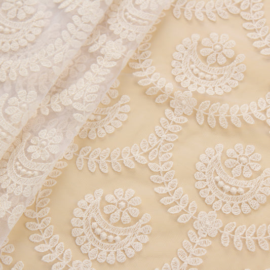 White Net Fabric with Floral Embroidery (1 Mtr)