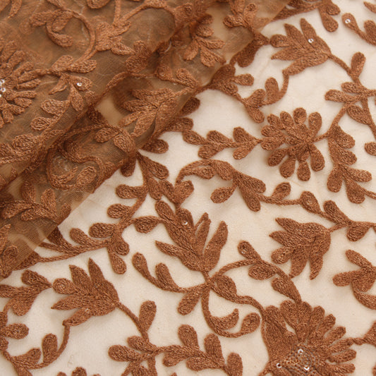 Brown Embroidered Floral Net Fabric (1 Mtr)