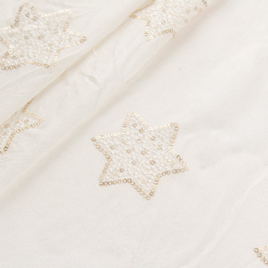 White Embroidered Celestial Fabric with Sequins (1 Mtr)