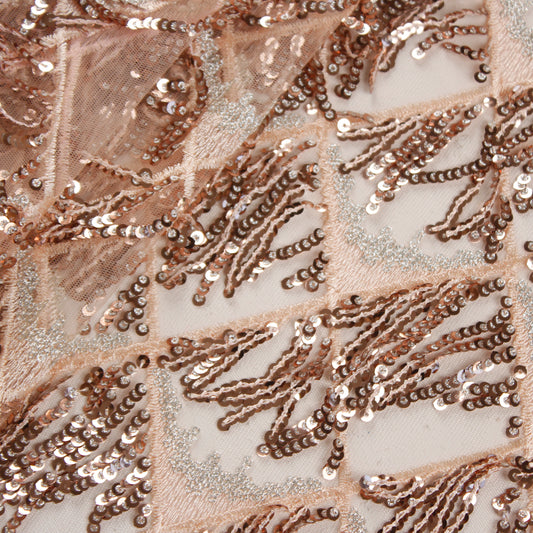 Rose Gold Sequin Net Fabric with Sequin Fringes