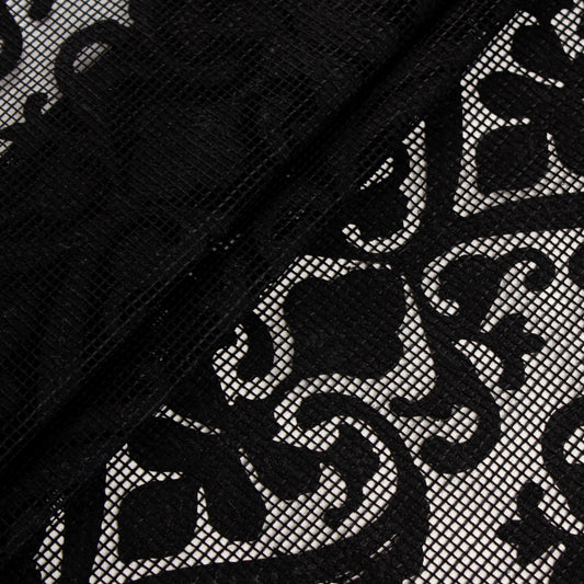 Black Net Fabric with Floral Applique Work (1 Mtr)