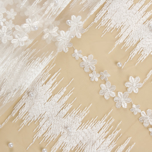 White Embroidered Net Fabric with Pearls (1 Mtr)