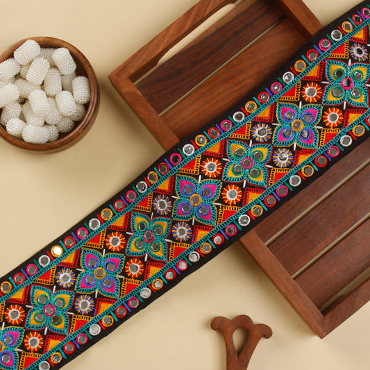 Black Embroidered Kutchi Trim with Mirrors (1 Mtr)