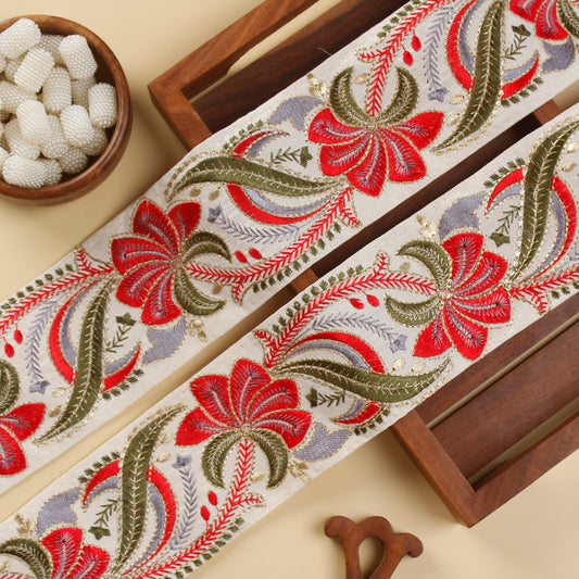 White and Red Embroidered Floral Trim (3 Mtrs)