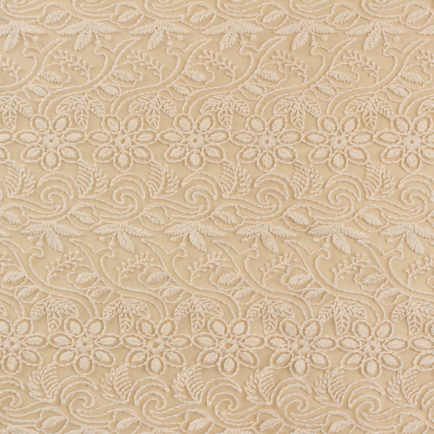 Ivory Embroidered Floral Net Fabric (1 Mtr)