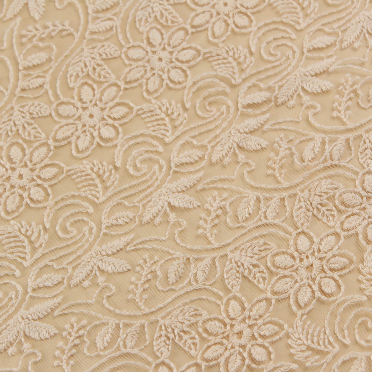 Ivory Embroidered Floral Net Fabric (1 Mtr)