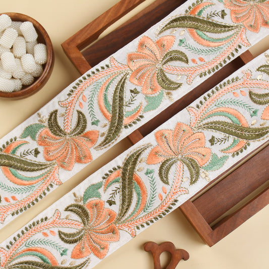 White and Peach Embroidered Floral Trim (3 Mtrs)