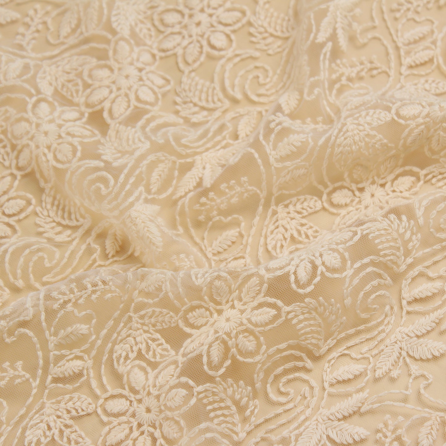 Ivory Embroidered Floral Net Fabric (1 Mtr)