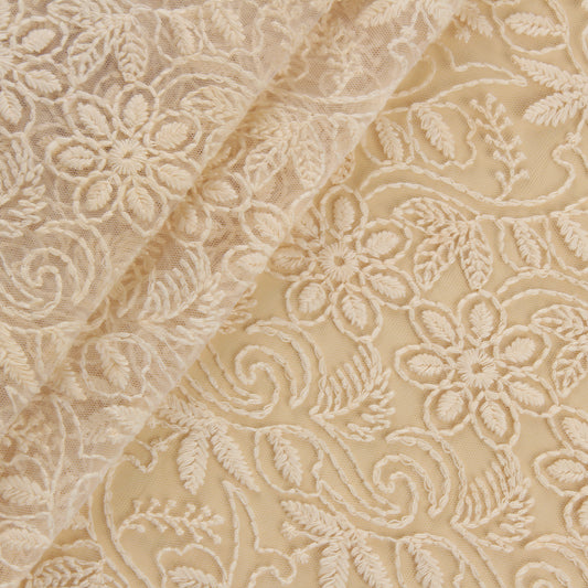 Ivory Embroidered Floral Net Fabric (1 Mtr)