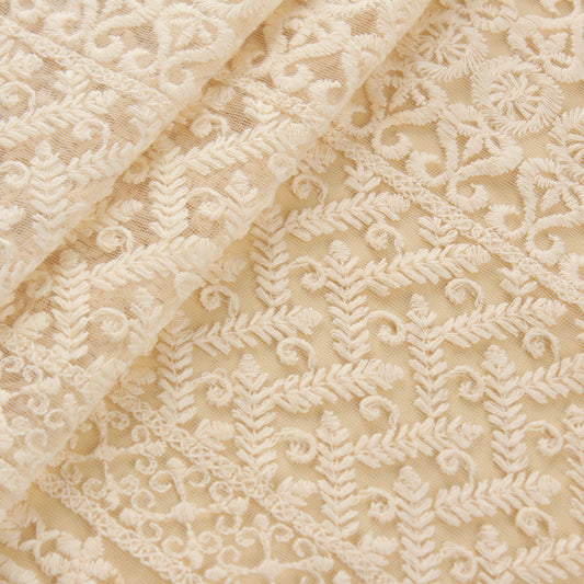 Ivory Embroidered Floral Net Fabric (1 Mtr)