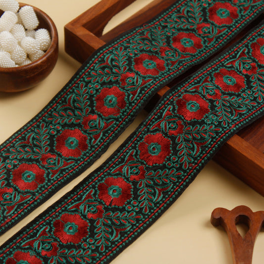 Black and Green Embroidered Trim (9 Mtrs)