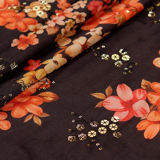 Black Floral Print Silk Fabric with Sequins (1 Mtr)