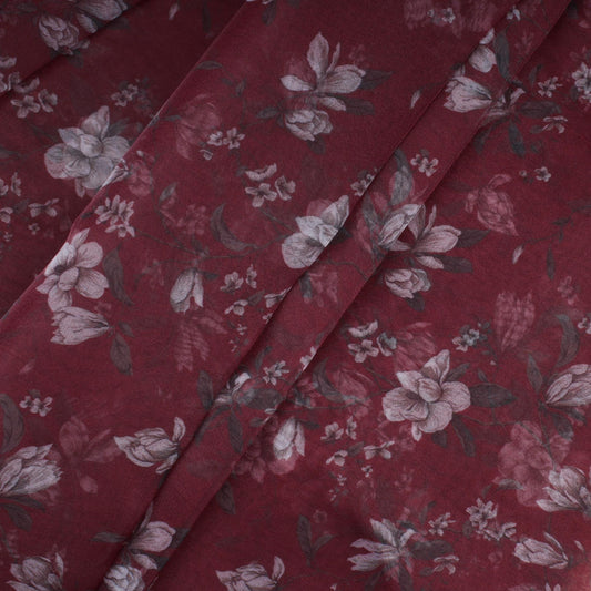 Wine Red Floral Print Organza Fabric (1 Mtr)