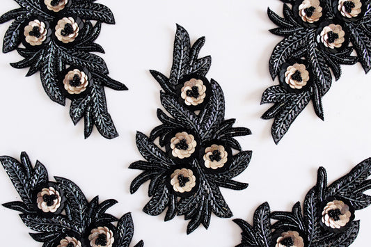 Steel Grey and Black Floral Appliques with Sequins (1 piece)