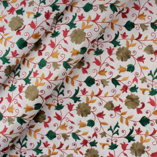 White Embroidered Floral Dupioni Fabric (1 Mtr)