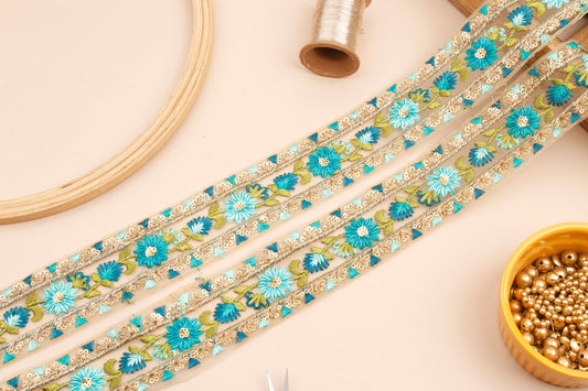 Gold and Blue Embroidered Net Trim (1 Mtr)
