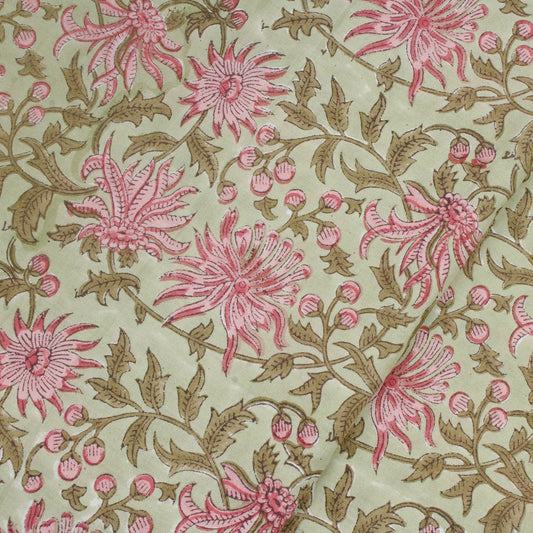 Green Floral Jaal Hand Block Print Fabric (1 Mtr)