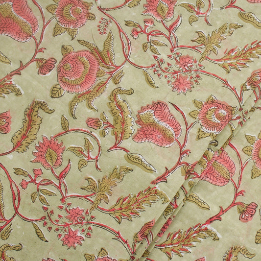 Green and Pink Floral Jaal Block Print Fabric (1 Mtr)